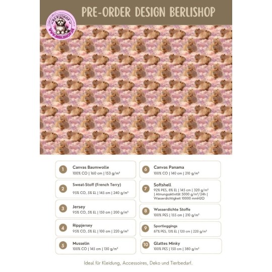 Pre-Order Capybara Wolken Rosa – Stoffdesign von Berlishop – 10 Stoffe zur Auswahl – Meterware