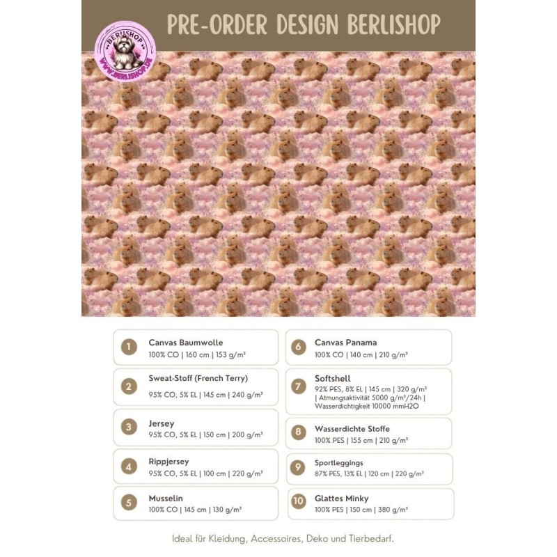 Pre-Order Capybara Wolken Rosa – Stoffdesign von Berlishop – 10 Stoffe zur Auswahl – Meterware