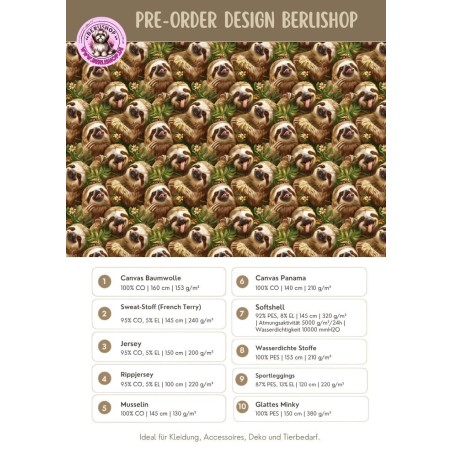 Pre-Order Faultier Dschungel Grün Braun – Stoffdesign von Berlishop – 10 Stoffe zur Auswahl – Meterware