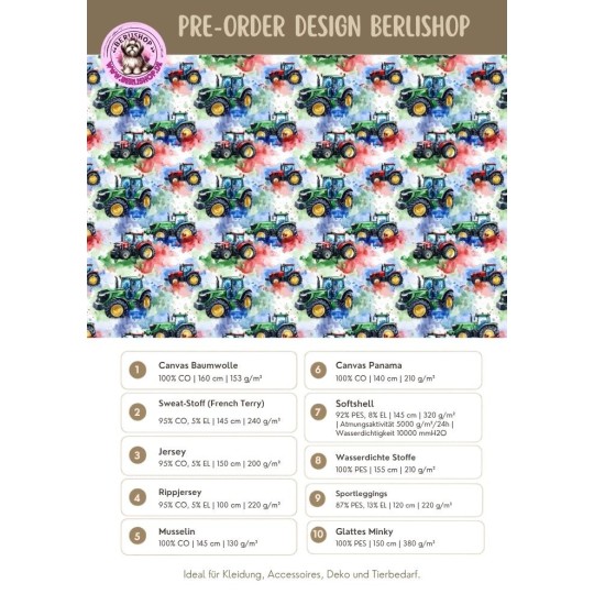 Pre-Order Traktor Farm Bunt – Stoffdesign von Berlishop – 10 Stoffe zur Auswahl – Meterware
