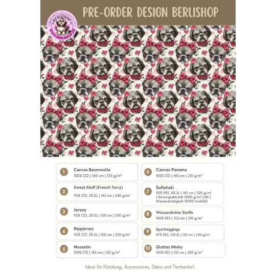 Pre-Order Shih Tzu Hunde Stoff  Liebe Rosa Herzen – Stoffdesign von Berlishop – 10 Stoffe zur Auswahl – Meterware