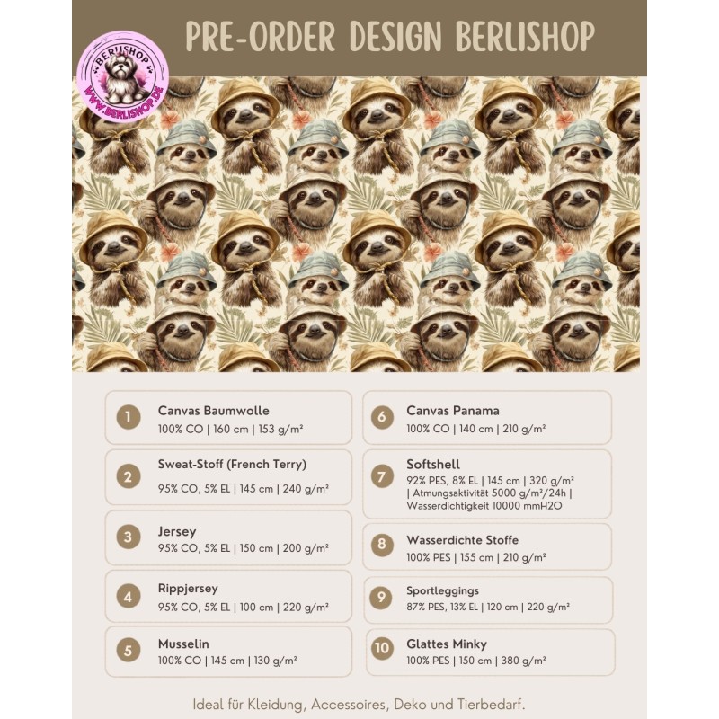 Pre-Order Faultier Safari Stoff Beige Grün – Stoffdesign von Berlishop - 10 Stoffe zu Auswahl – Meterware