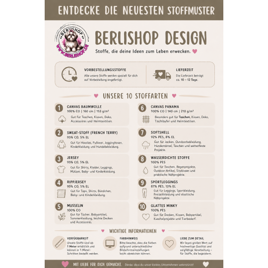 Pre - Order Shih Tzu Hund Rosa Leo Beige Karo- Stoffdesign von Berlishop - 10 Stoffe zu Auswahl – Meterware