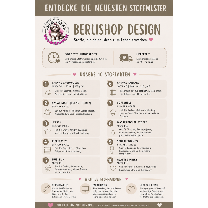 Pre - Order Shih Tzu Hund Rosa Leo Beige Karo- Stoffdesign von Berlishop - 10 Stoffe zu Auswahl – Meterware