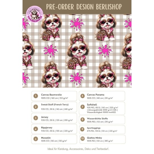Pre - Order Shih Tzu Hund Rosa Leo Beige Karo- Stoffdesign von Berlishop - 10 Stoffe zu Auswahl – Meterware