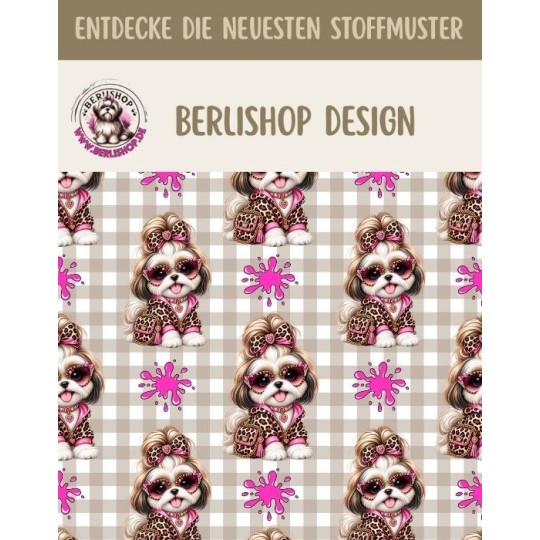 Pre - Order Shih Tzu Hund Rosa Leo Beige Karo- Stoffdesign von Berlishop - 10 Stoffe zu Auswahl – Meterware