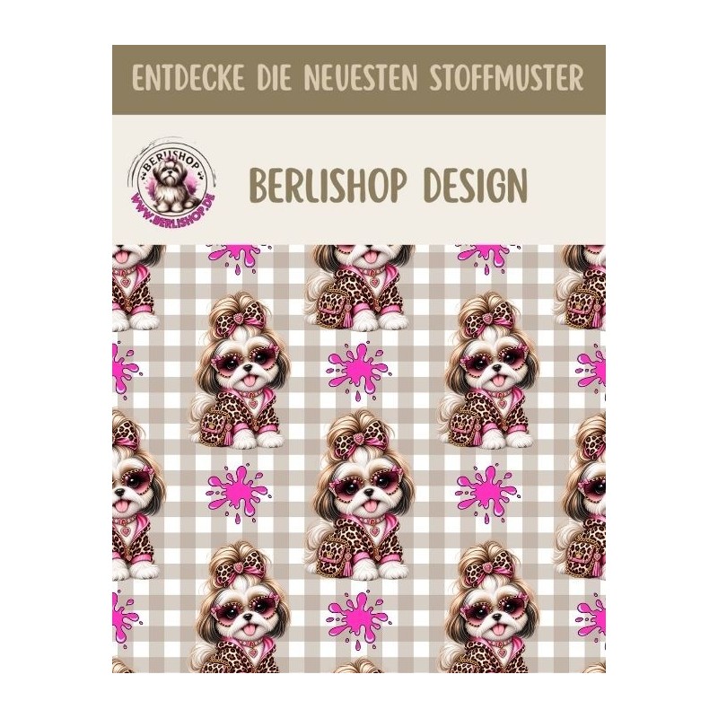 Pre - Order Shih Tzu Hund Rosa Leo Beige Karo- Stoffdesign von Berlishop - 10 Stoffe zu Auswahl – Meterware