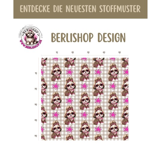 Pre - Order Shih Tzu Hund Rosa Leo Beige Karo- Stoffdesign von Berlishop - 10 Stoffe zu Auswahl – Meterware