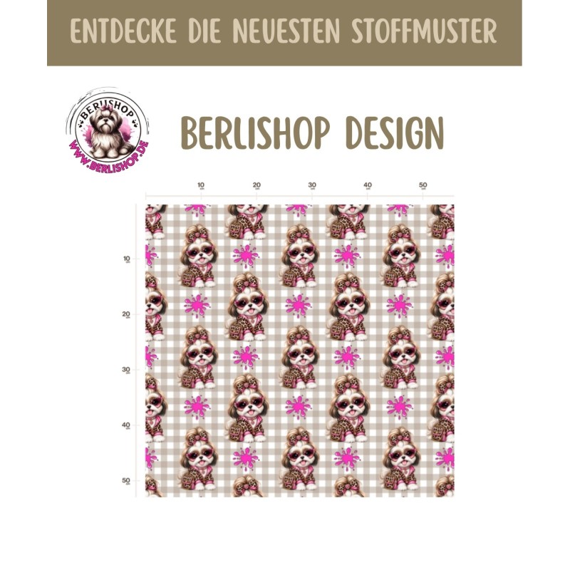 Pre - Order Shih Tzu Hund Rosa Leo Beige Karo- Stoffdesign von Berlishop - 10 Stoffe zu Auswahl – Meterware