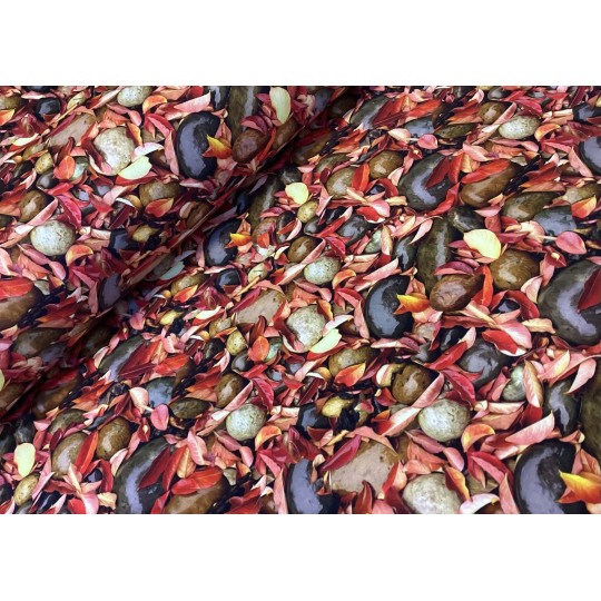 French Terry Sommersweat Herbst Stoff Blätter Steine Naturmotiv Rot Braun - 180 cm Überbreite – 240g/m²