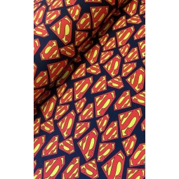 French Terry Sommersweat Superhelden Stoff S-Logo Rot Gelb Schwarz - 180 cm Überbreite – 240g/m²