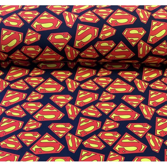 French Terry Sommersweat Superhelden Stoff S-Logo Rot Gelb Schwarz - 180 cm Überbreite – 240g/m²