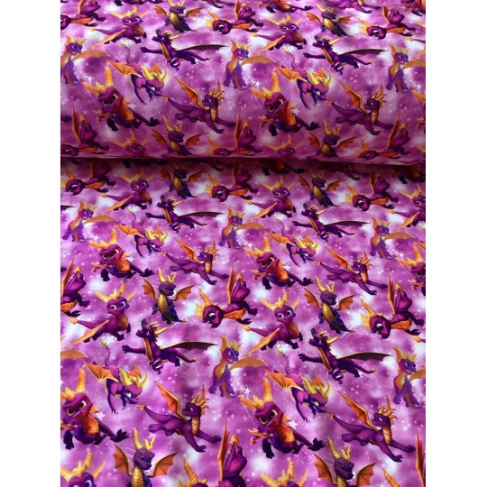 French Terry Sommersweat Drachen Stoff Fantasy Lila Pink Orange - 180 cm Überbreite – 240g/m²