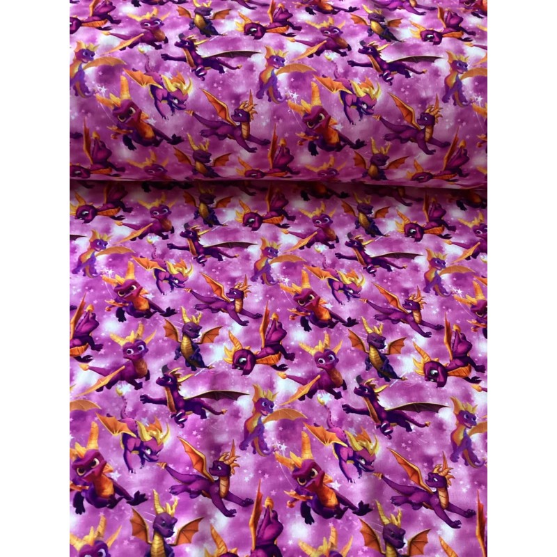 French Terry Sommersweat Drachen Stoff Fantasy Lila Pink Orange - 180 cm Überbreite – 240g/m²