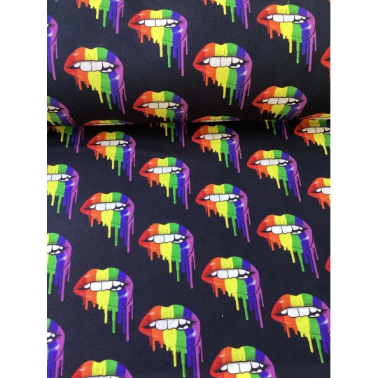 French Terry Sommersweat Regenbogen Lippen Stoff Schwarz Bunt - 180 cm Überbreite – 240g/m²
