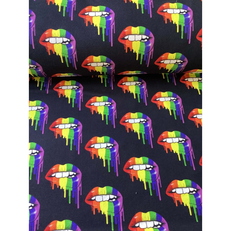 French Terry Sommersweat Regenbogen Lippen Stoff Schwarz Bunt - 180 cm Überbreite – 240g/m²