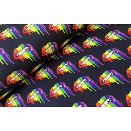 French Terry Sommersweat Regenbogen Lippen Stoff Schwarz Bunt - 180 cm Überbreite – 240g/m²