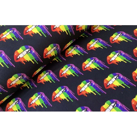 French Terry Sommersweat Regenbogen Lippen Stoff Schwarz Bunt - 180 cm Überbreite – 240g/m²