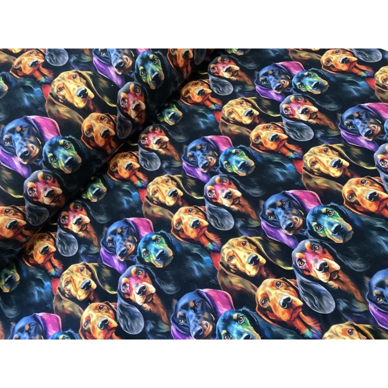 French Terry Sommersweat Dackel Stoff Bunt Schwarz - 180 cm Überbreite – 240g/m²