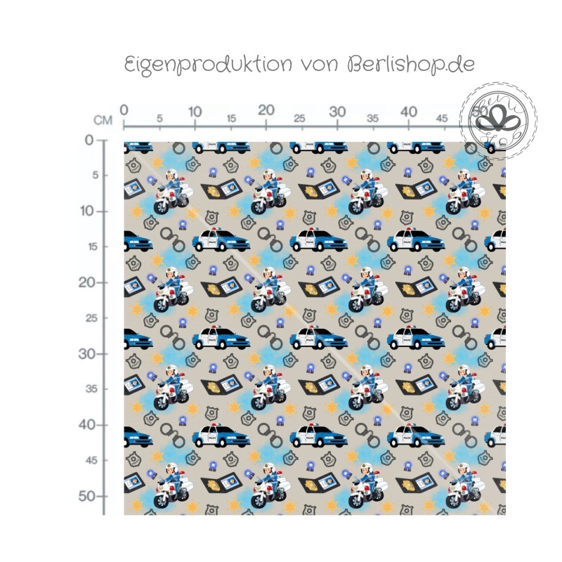 Baumwolle Canvas Polizei Stoff 160 cm – Motorrad, Auto, Blaulicht, Grau – 153 g/m² – Eigenproduktion