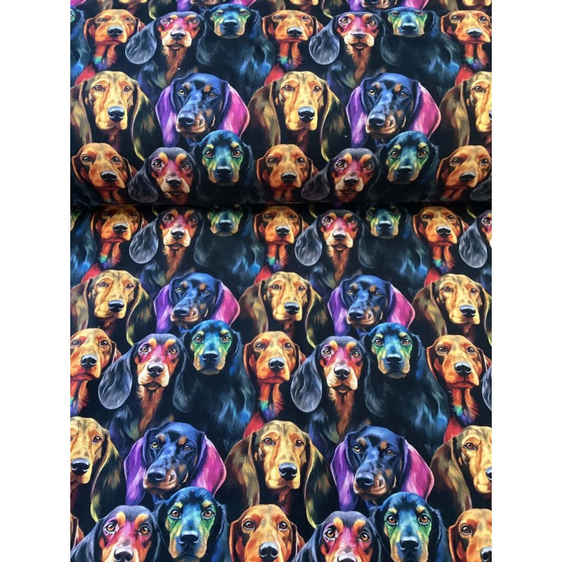 French Terry Sommersweat Dackel Stoff Bunt Schwarz - 180 cm – 240g/m²