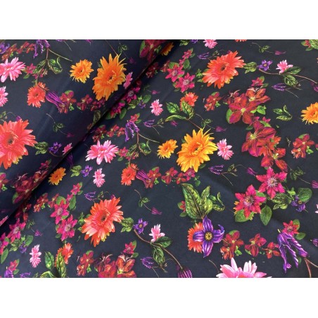 French Terry Sommersweat Blumen Stoff Schwarz Bunt – Blumenmuster Floral - 180 cm Überbreite – 240g/m²
