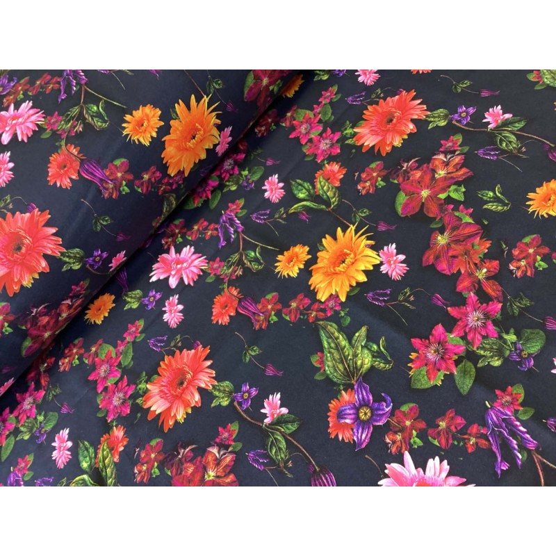 French Terry Sommersweat Blumen Stoff Schwarz Bunt – Blumenmuster Floral - 180 cm – 240g/m²