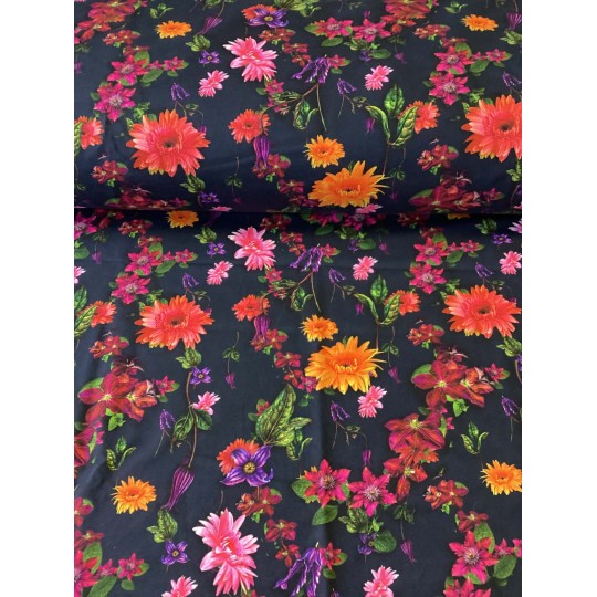 French Terry Sommersweat Blumen Stoff Schwarz Bunt – Blumenmuster Floral - 180 cm – 240g/m²