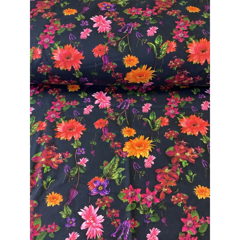 French Terry Sommersweat Blumen Stoff Schwarz Bunt – Blumenmuster Floral - 180 cm Überbreite – 240g/m²