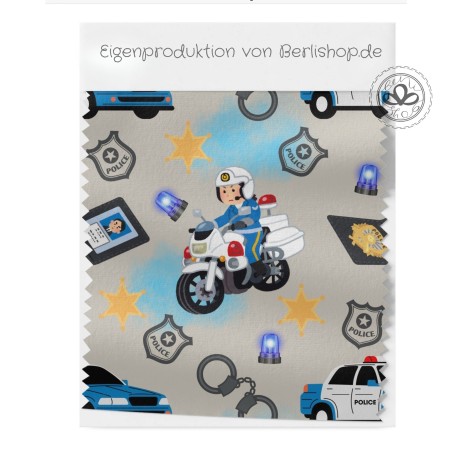 Baumwolle Canvas Stoff – Polizei Motorrad Auto Blaulicht Grau Kinderstoff  - hochwertige Eigenproduktion