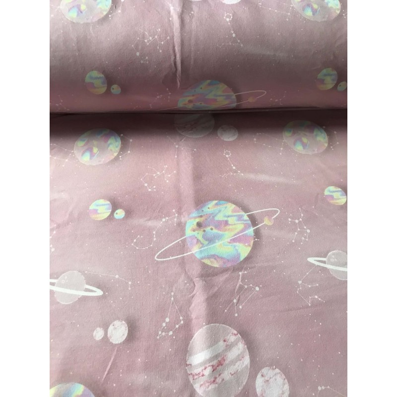 French Terry Sommersweat Weltraum Stoff Planeten Rosa – Galaxy Universum - 180 cm  – 240g/m²