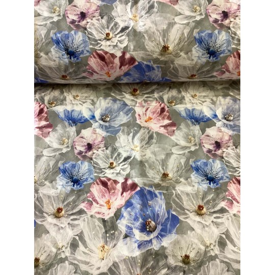 French Terry Sommersweat Blumen Aquarell Grau Blau Rosa – Eleganter floraler Stoff  - 180 cm Überbreite – 240g/m²