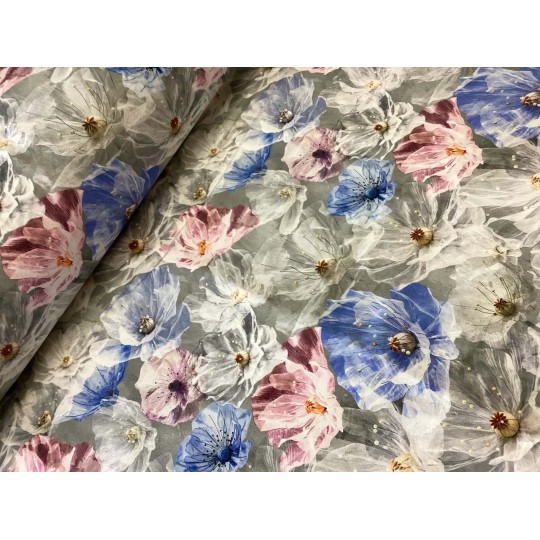 French Terry Sommersweat Blumen Aquarell Grau Blau Rosa – Eleganter floraler Stoff  - 180 cm – 240g/m²