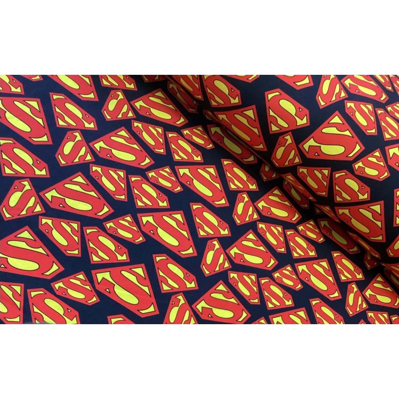 French Terry Sommersweat Superhelden Stoff S-Logo Rot Gelb Schwarz - 180 cm Überbreite – 240g/m²