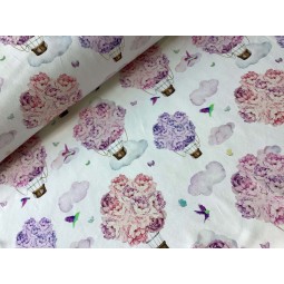 French Terry Sommersweat Heißluftballons Blumen Wolken Vögel Rosa Lila - 180 cm Überbreite – 240g/m²