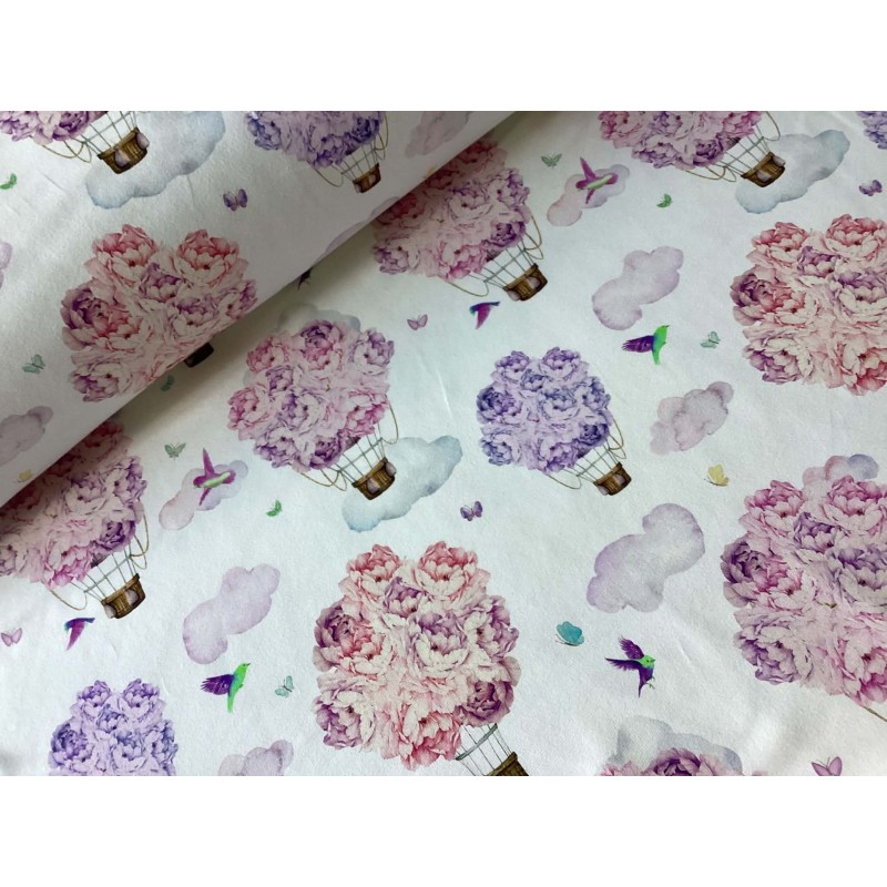 French Terry Sommersweat Heißluftballons Blumen Wolken Vögel Rosa Lila - 180 cm Überbreite – 240g/m²