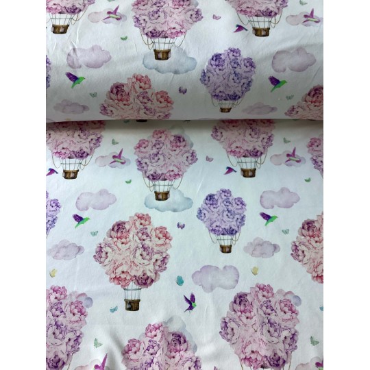 French Terry Sommersweat Heißluftballons Blumen Wolken Vögel Rosa Lila - 180 cm – 240g/m²