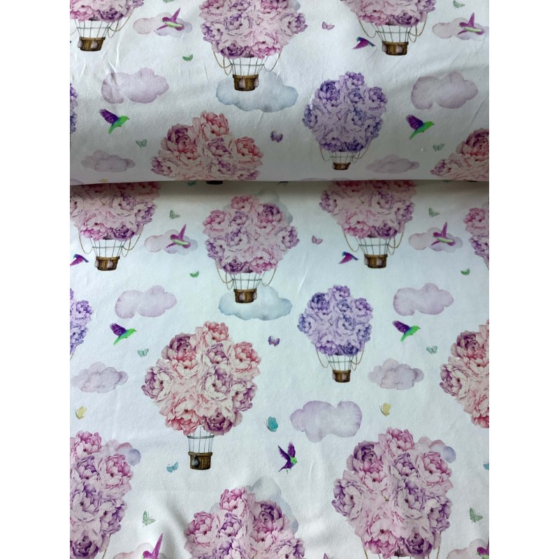 French Terry Sommersweat Heißluftballons Blumen Wolken Vögel Rosa Lila - 180 cm Überbreite – 240g/m²