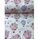 French Terry Sommersweat Heißluftballons Blumen Wolken Vögel Rosa Lila - 180 cm Überbreite – 240g/m²