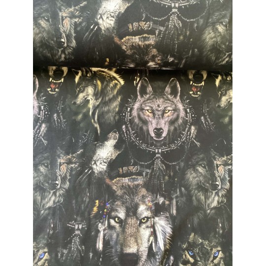 French Terry Sommersweat Wölfe Wolf Indianer Federn Schwarz Grau - 180 cm – 240g/m²