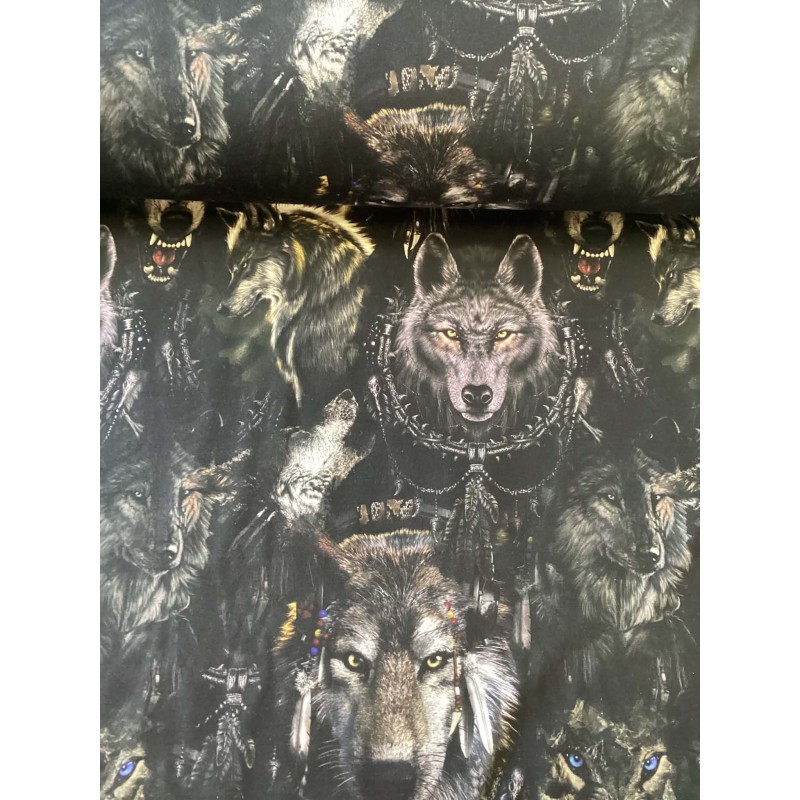 French Terry Sommersweat Wölfe Wolf Indianer Federn Schwarz Grau - 180 cm Überbreite – 240g/m²