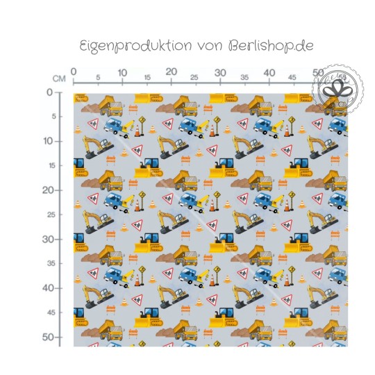 Baumwolle Canvas Stoff – Baustelle Bagger Laster Kipper Grau Kinderstoff  - hochwertige Eigenproduktion