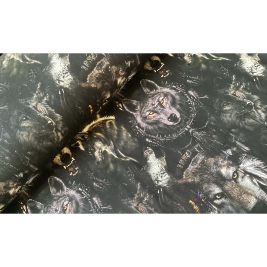 French Terry Sommersweat Wölfe Wolf Indianer Federn Schwarz Grau - 180 cm – 240g/m²