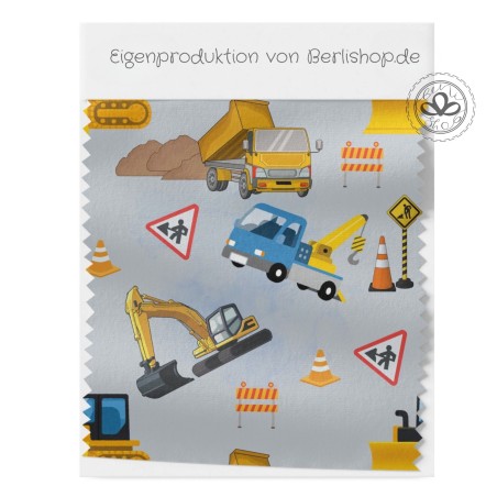 Baumwolle Canvas Stoff – Baustelle Bagger Laster Kipper Grau Kinderstoff  - hochwertige Eigenproduktion