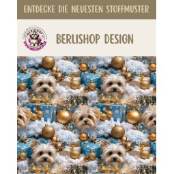 1m Coupon Weihnachten French Terry Sommersweat Yorkshire Terrier Geschenke Blau Gold  –240 g/m –145cm Eigenproduktion