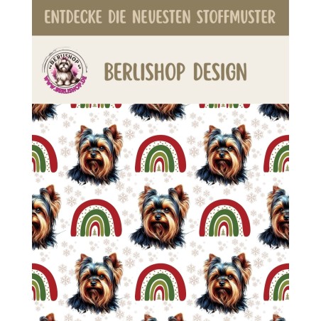 1 m Coupon Weihnachten French Terry Sommersweat Yorkshire Terrier Regenbogen Winter Beige Rot Grün –145cm Eigenproduktion