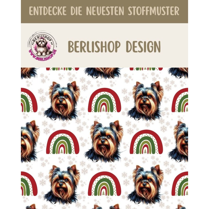 Weihnachten French Terry Sommersweat Yorkshire Terrier Regenbogen Winter Beige Rot Grün  –240 g/m –145cm Eigenproduktion