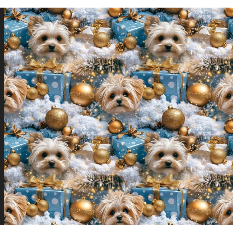 Weihnachten French Terry Sommersweat Yorkshire Terrier Weihnachten Geschenke Blau Gold  –240 g/m –145cm Eigenproduktion