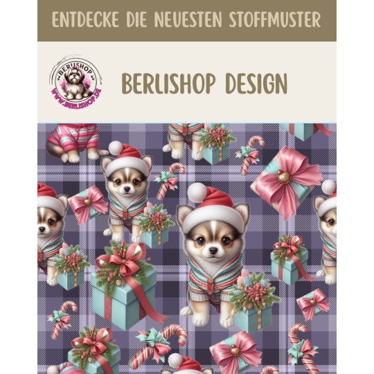 Weihnachten French Terry Sommersweat Chihuahua Geschenke Karo Rosa Mint Lila –240 g/m –145cm Eigenproduktion