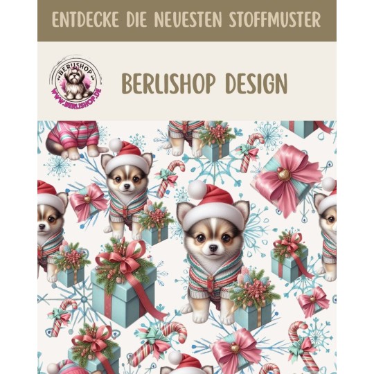 1m Coupon Weihnachten French Terry Sommersweat Chihuahua Geschenke Rosa Mint  –240 g/m –145cm Eigenproduktion